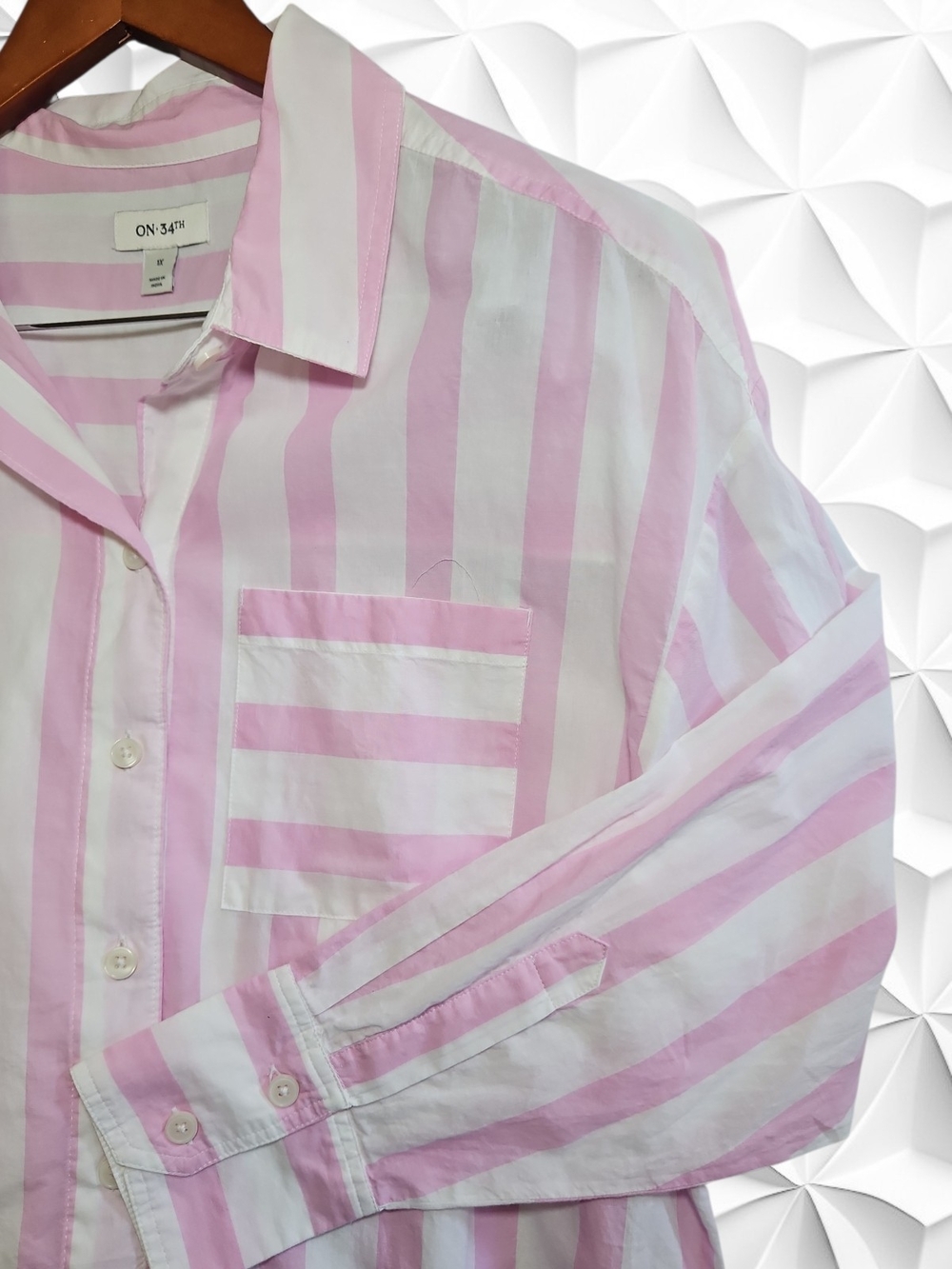 ​ON-34th Pink White Striped Button Down Shirt 1X Cotton Long Sleeve Pocket - Picture 3 of 6